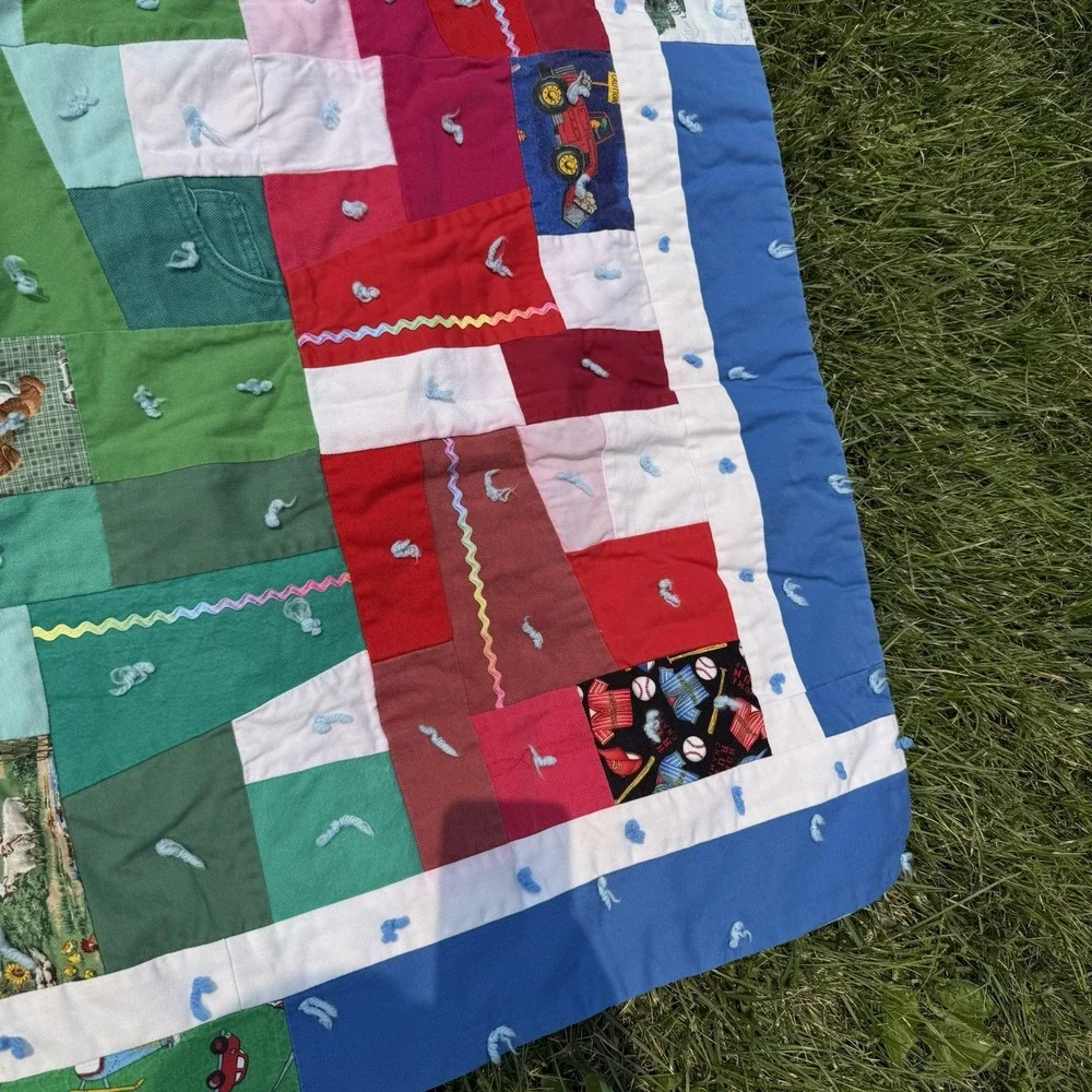 Vintage Handmade Patchwork Tied Quilt Upcycled Clothing Kids 52x63